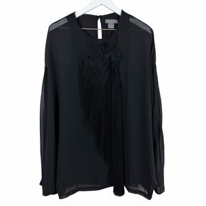 Gracia Black Sheer Blouse with Pleated Large Floral Appliqué‎ and Drapery